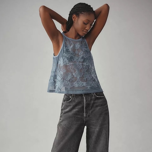 NWT Anthropologie Blue Floral Mesh Tank Medium - Picture 1 of 7